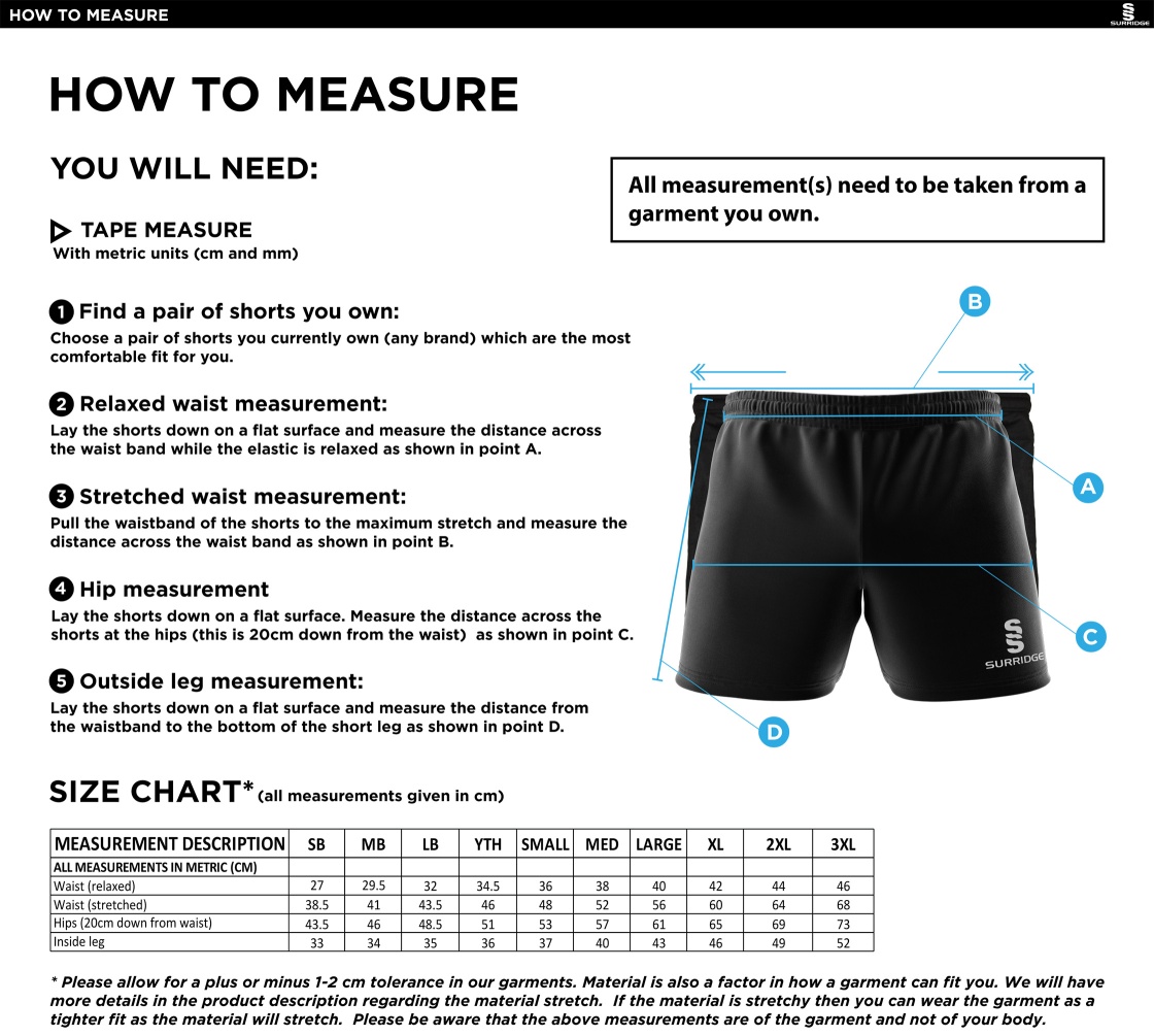 Salford University - Performance Gym Short - Men's/Unisex Fit - Size Guide