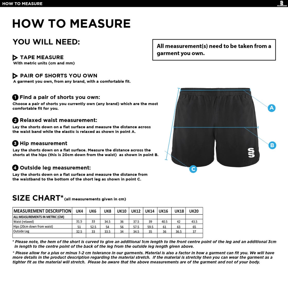 Salford University SU - Performance Gym Short - Women's Fit - Size Guide