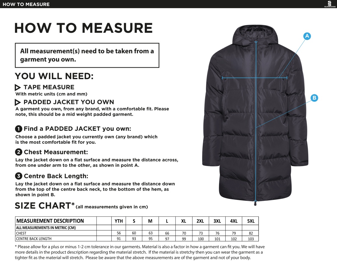 University of Salford - School of Health - Active Long Padded Jacket - Unisex Fit - Size Guide