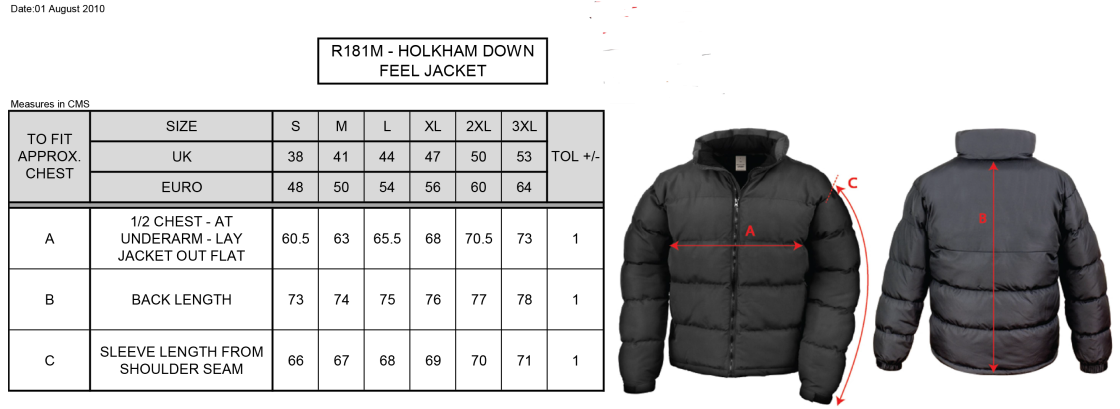 University of Salford - School of Health - Holkham Down Feel Jacket - Unisex Fit - Size Guide
