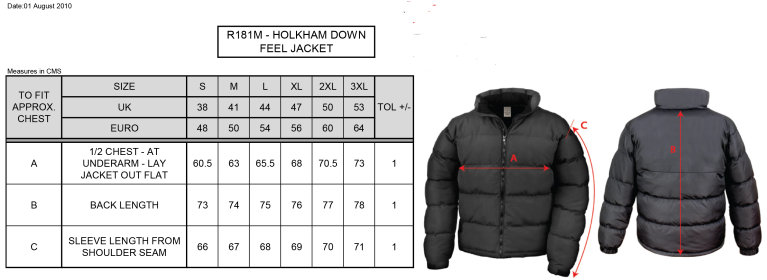 University of Salford - School of Health - Holkham Down Feel Jacket - Unisex Fit - Size Guide