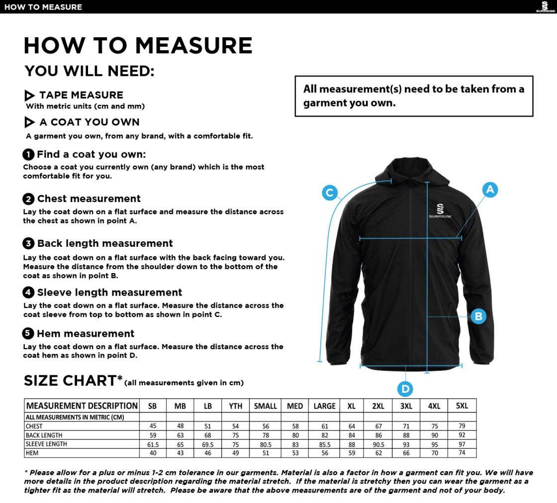 University of Salford - School of Health - Dual Full Zip Training Jacket - Unisex Fit - Size Guide