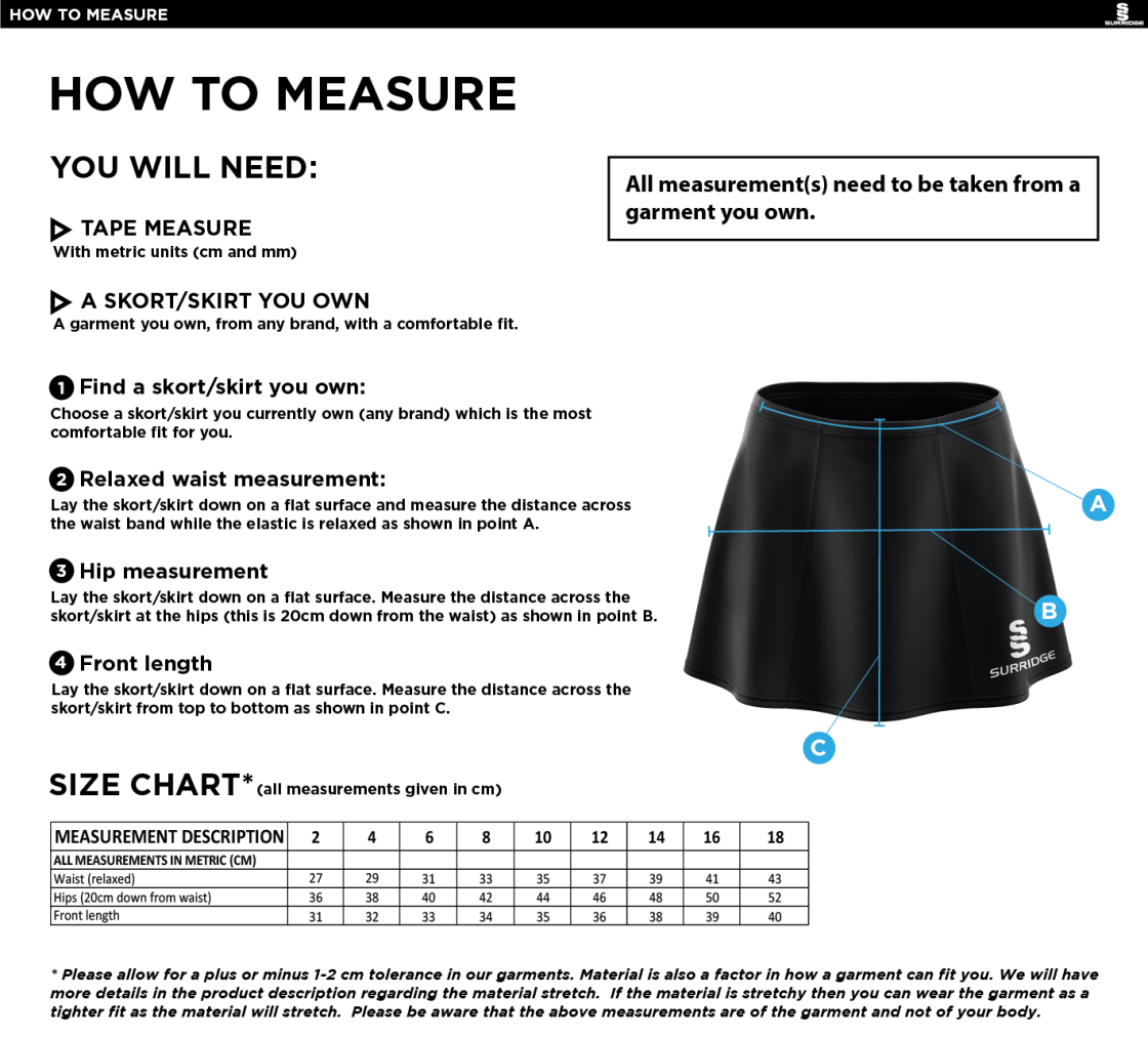 Salford University SU - Blade Skort - Women's Fit - Size Guide