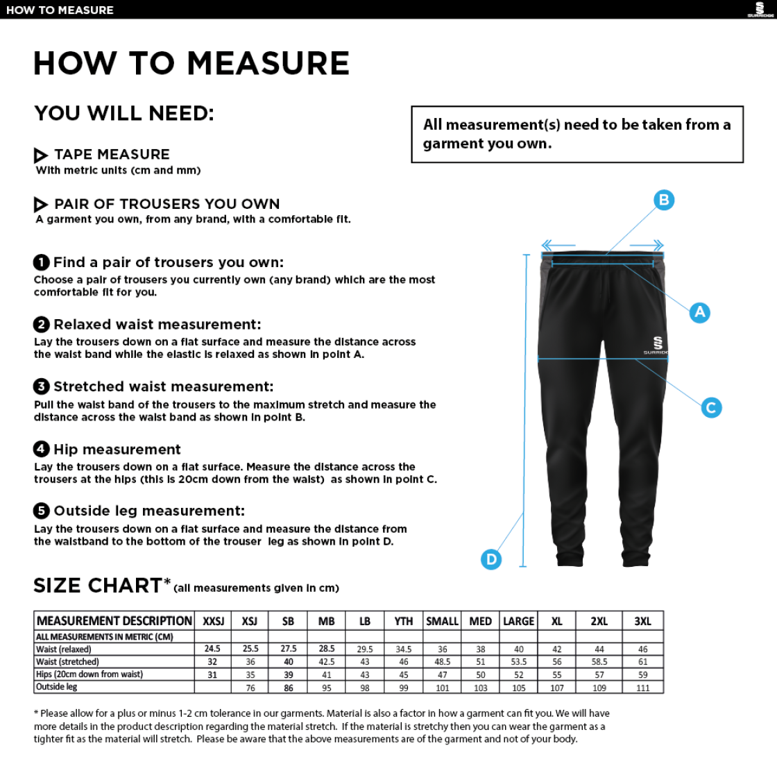 Salford University SU - Tek Slim Training Pants - Unisex Fit - Size Guide