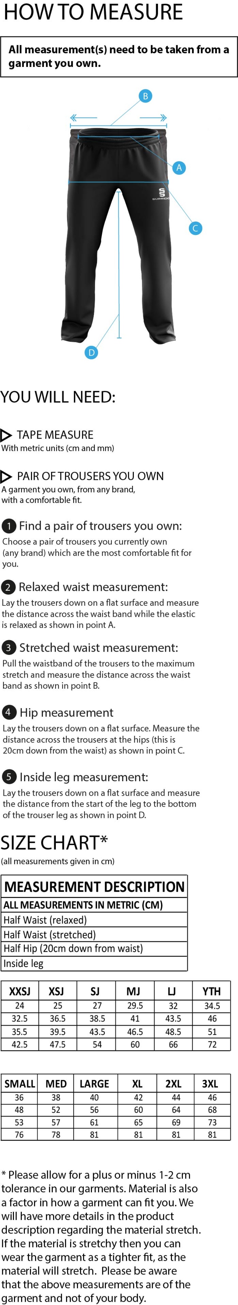 University of Salford - School of Health - Dual Poplin Track Pants with Lycra - Unisex Fit - Size Guide