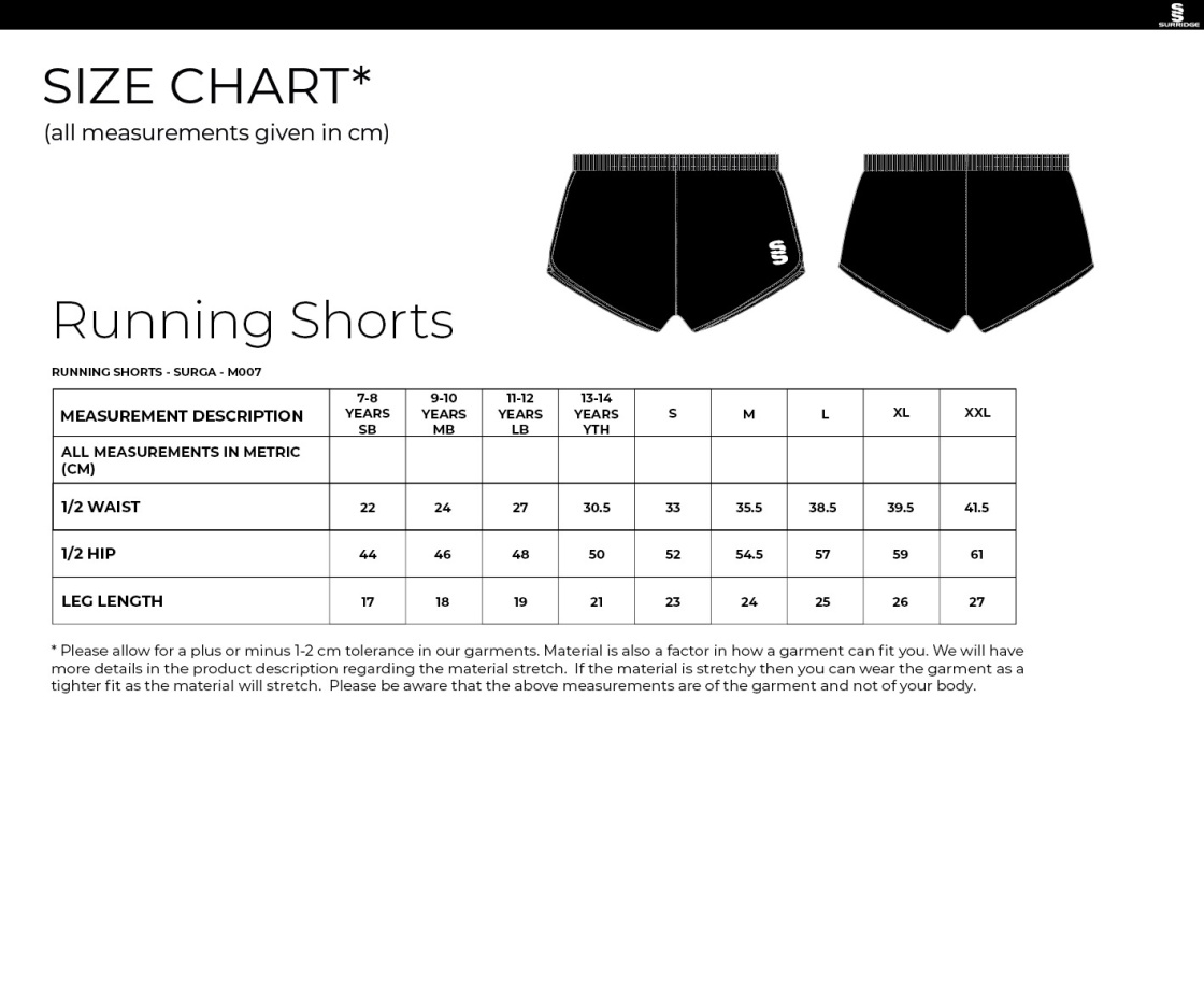 Salford University SU - Running Short - Size Guide