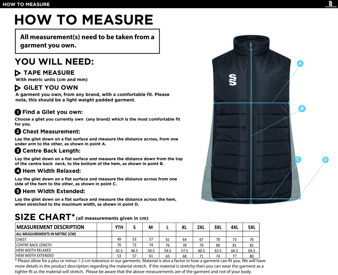 Salford University SU - Active Gilet - Unisex Fit - Size Guide