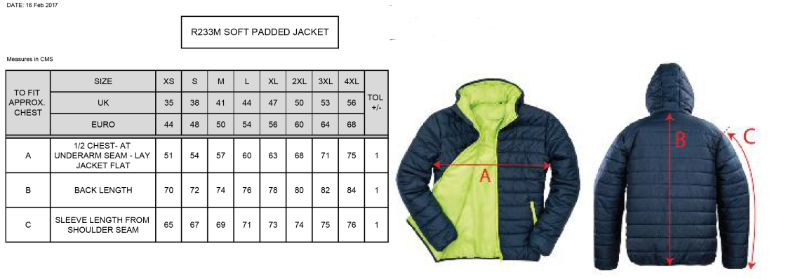 Salford University SU - Supersoft Padded Jacket - Unisex Fit - Size Guide
