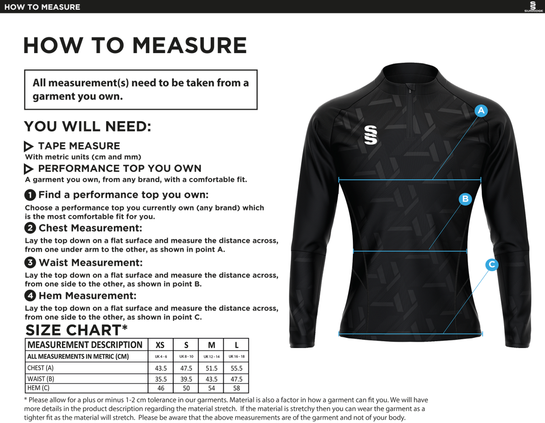 Salford University SU - Impact 1/4 Zip Performance Top - Women's Fit - Size Guide