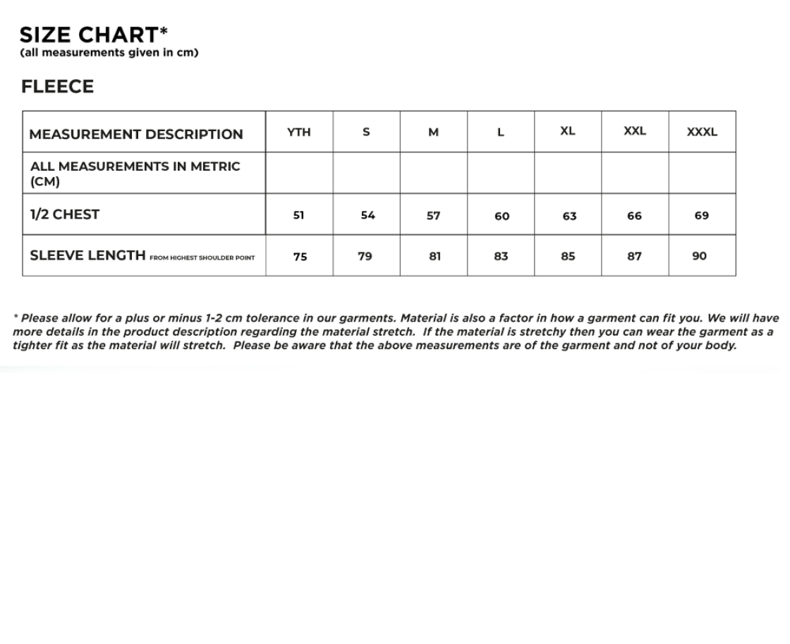 Salford University SU - Fleece - Size Guide