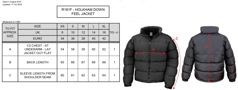 University of Salford - School of Health - Holkham Down Feel Jacket - Women's Fit - Size Guide