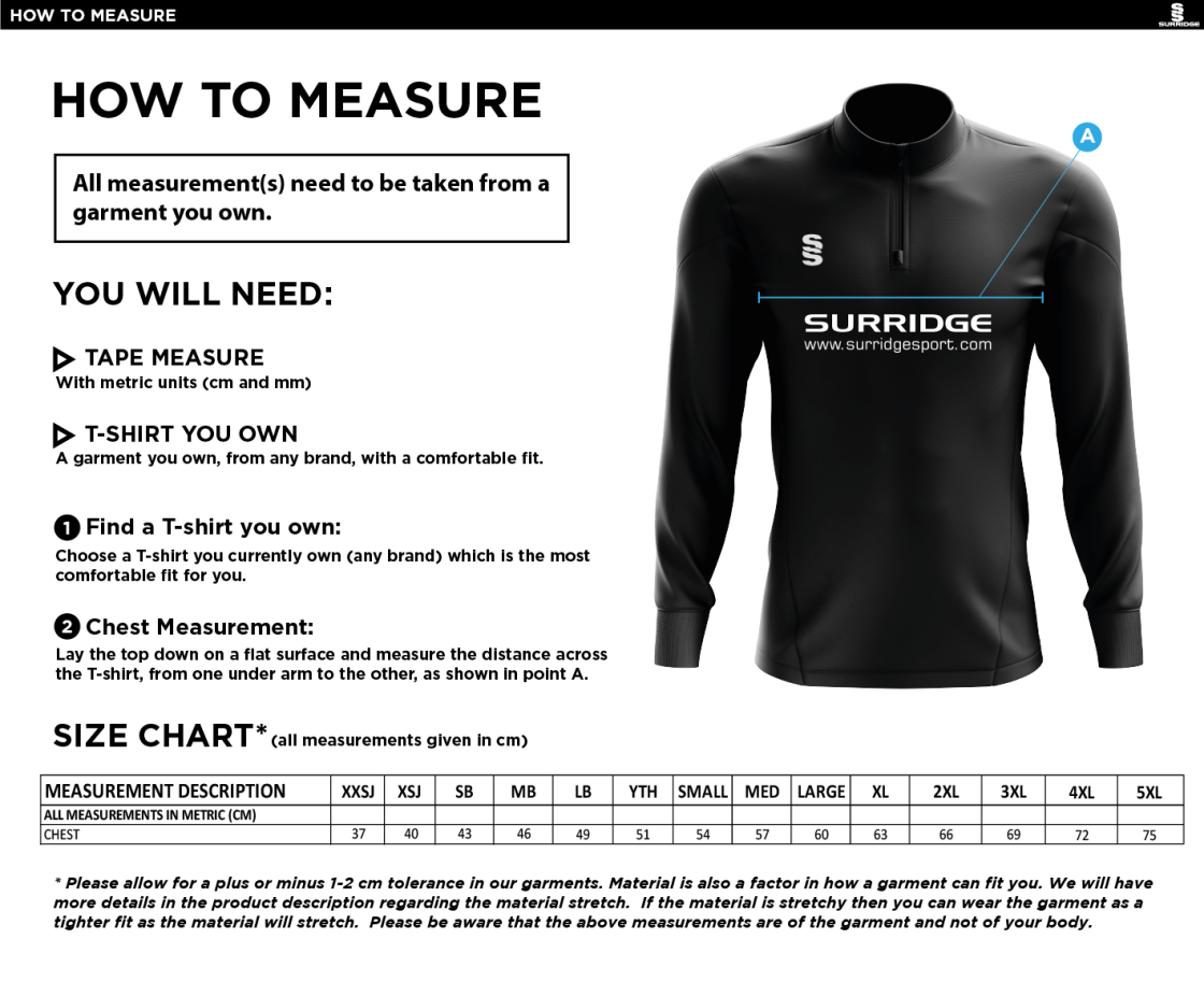 University of Salford - School of Health - 1/4 Zip Dual Performance Top - Unisex Fit - Size Guide