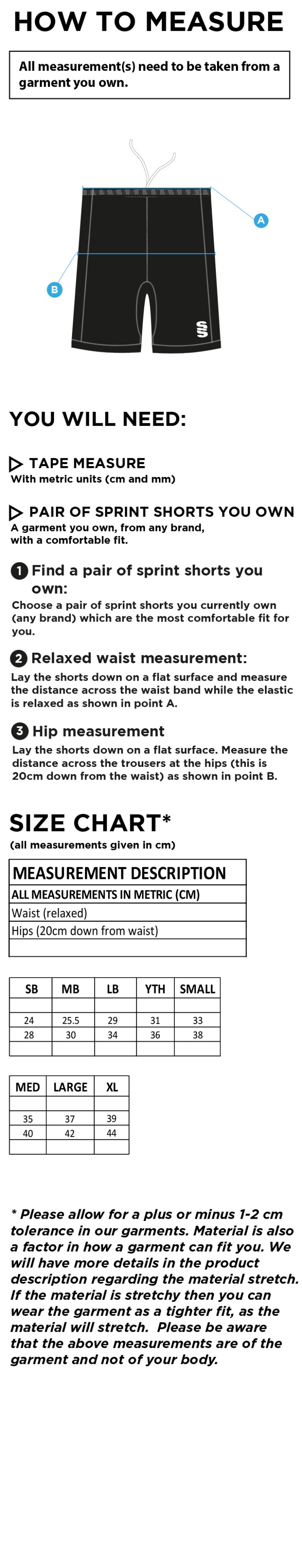 Salford University SU - Sprint Short - Size Guide