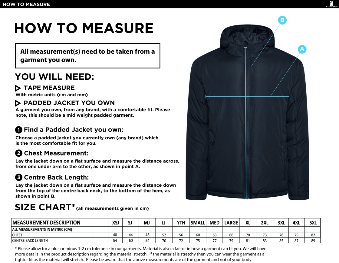 University of Salford - School of Health - Active Padded Jacket - Unisex Fit - Size Guide