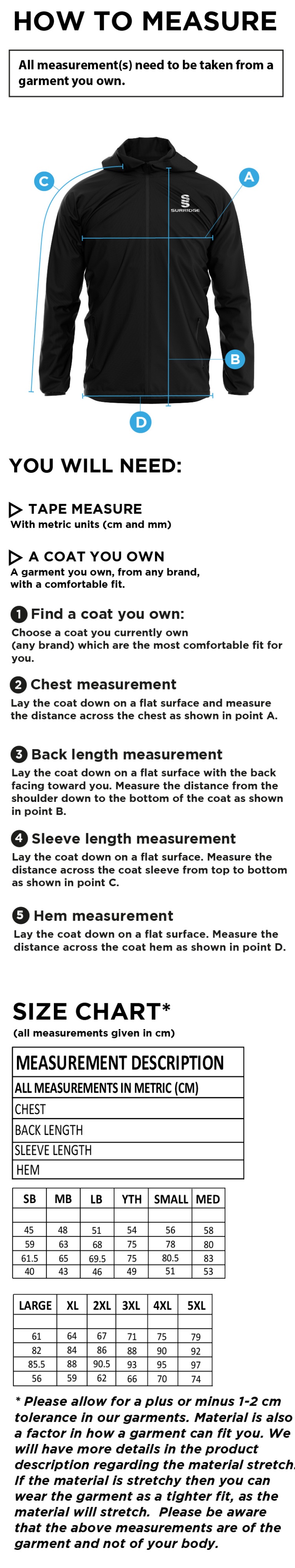 Salford University SU - Dual Full Zip Training Jacket - Unisex Fit - Size Guide