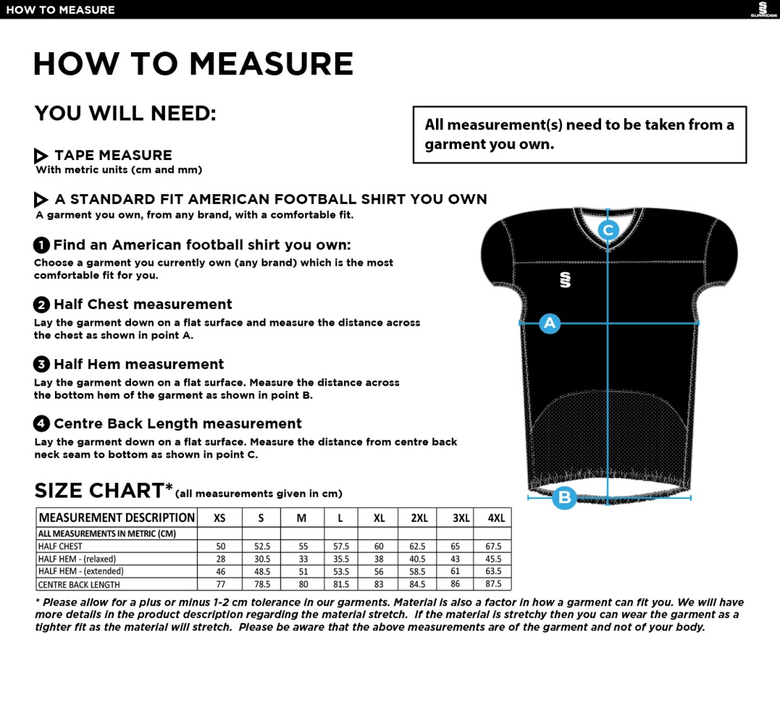 Salford University SU - American Football Jersey - Size Guide