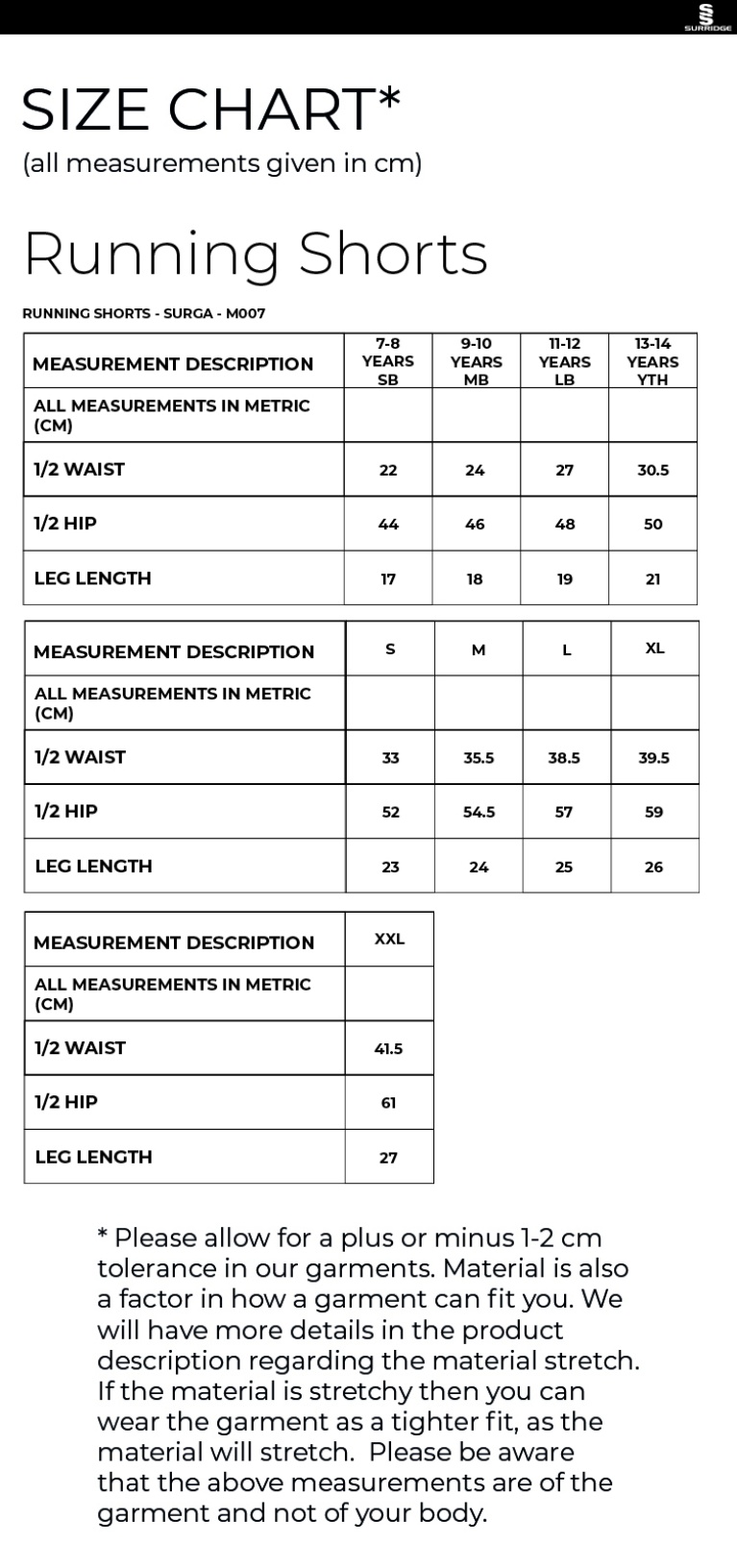 Salford University SU - Running Short - Size Guide