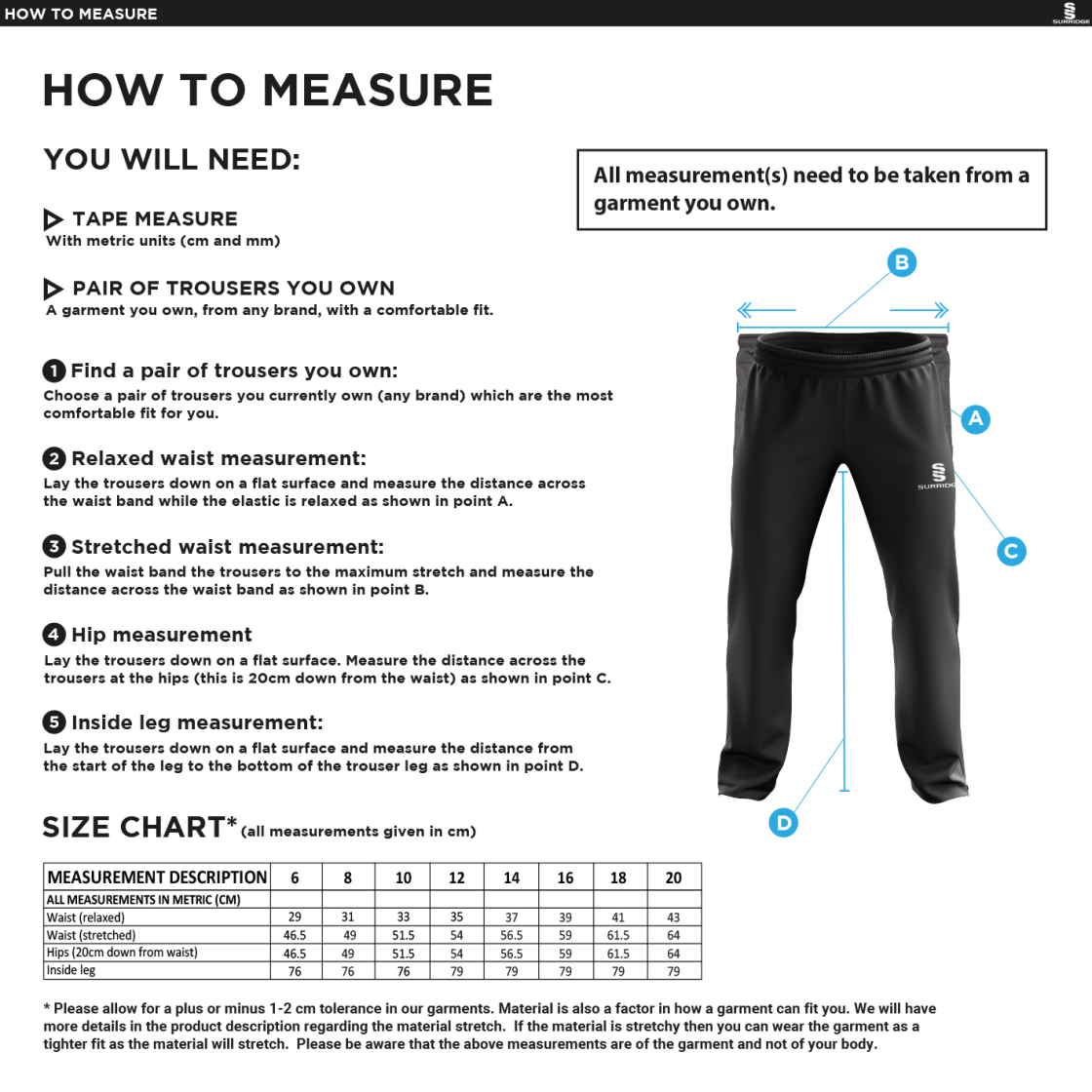 University of Salford - School of Health - Dual Poplin Track Pants with Lycra - Women's Fit - Size Guide