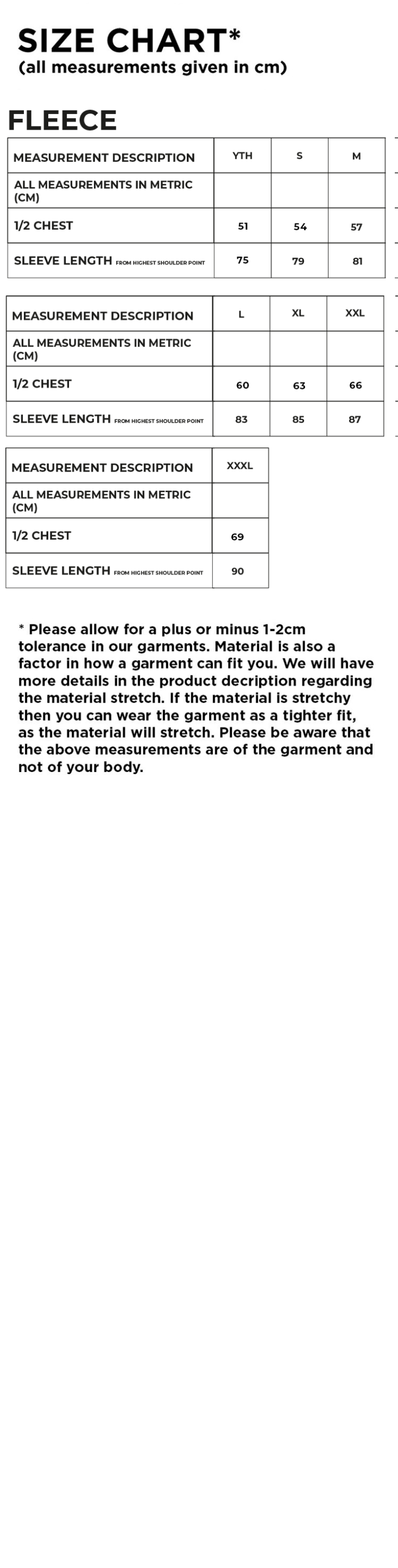 Salford University SU - Fleece - Size Guide