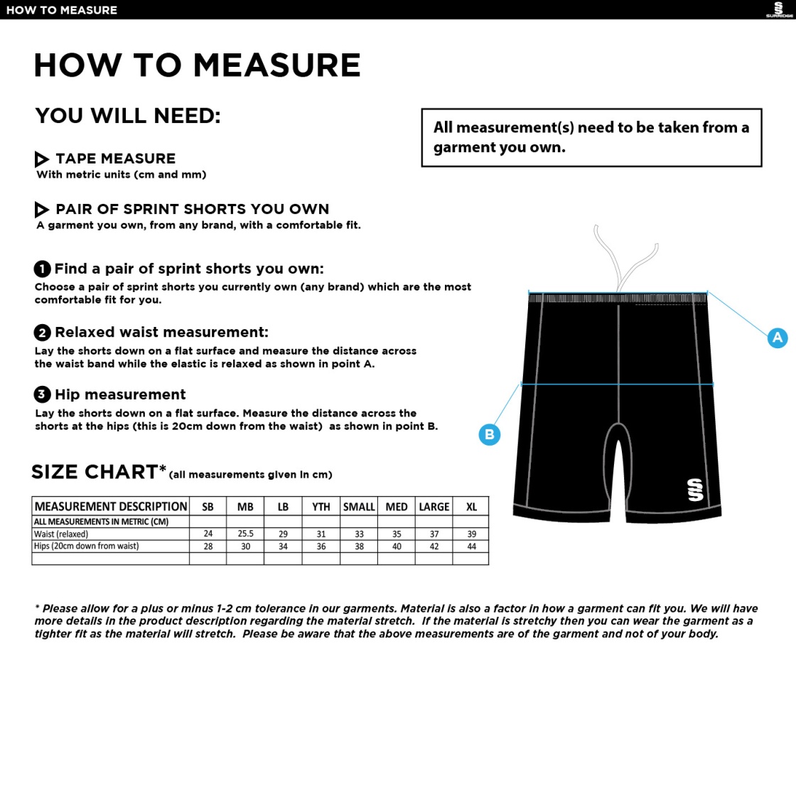Salford University SU - Sprint Short - Size Guide