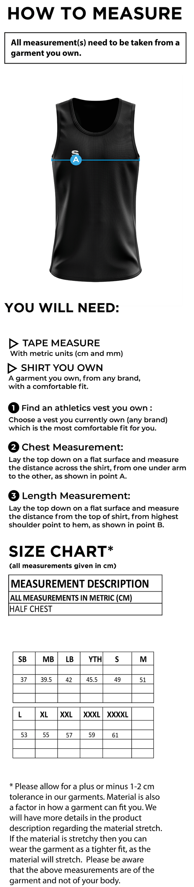 Salford University SU - Athletics Vest - Size Guide