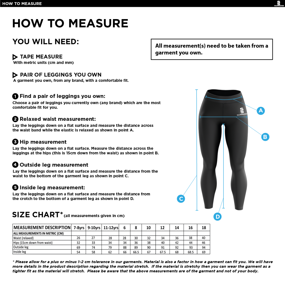 Salford University SU - Performance Full Length Leggings - Women's Fit - Size Guide