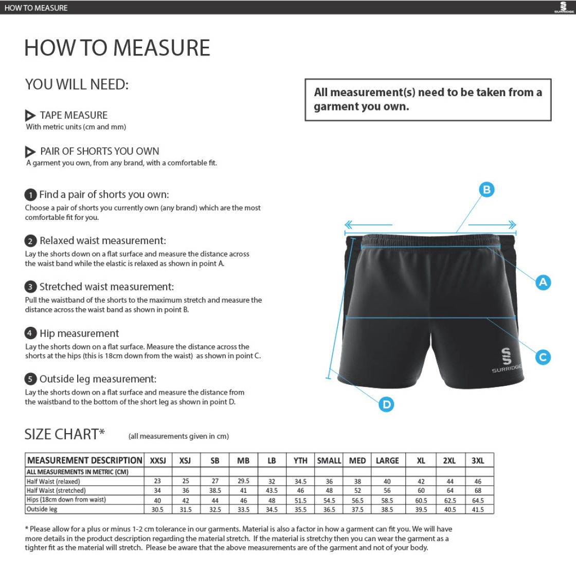 Salford University - Premier Rugby Short - Unisex Fit - Size Guide
