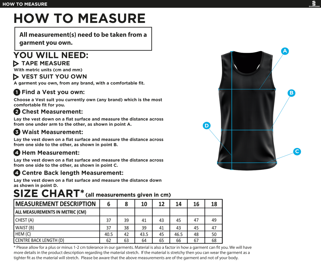 Salford University SU - Athletics Vest - Women's Fit - Size Guide