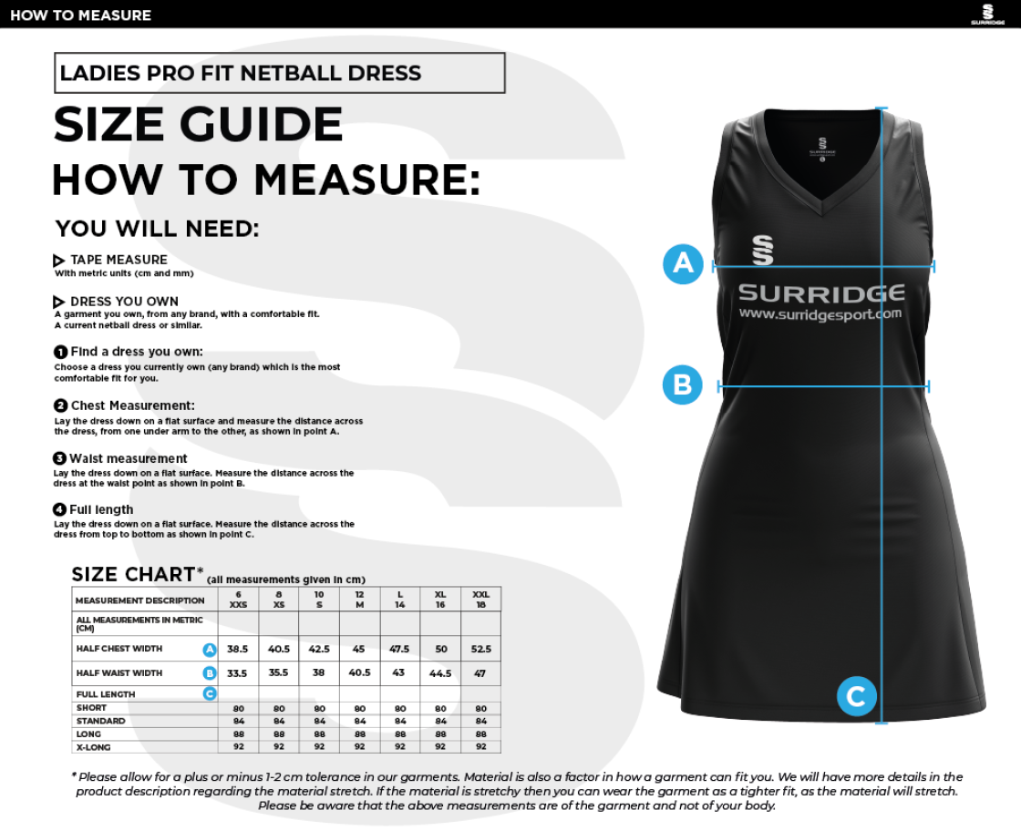 Salford University SU - Netball Dress - Size Guide