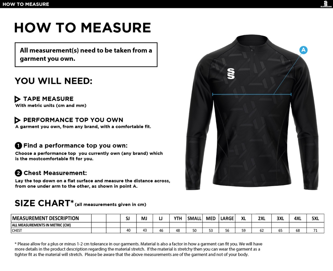 Salford University SU - Impact 1/4 Zip Performance Top - Men's Fit - Size Guide