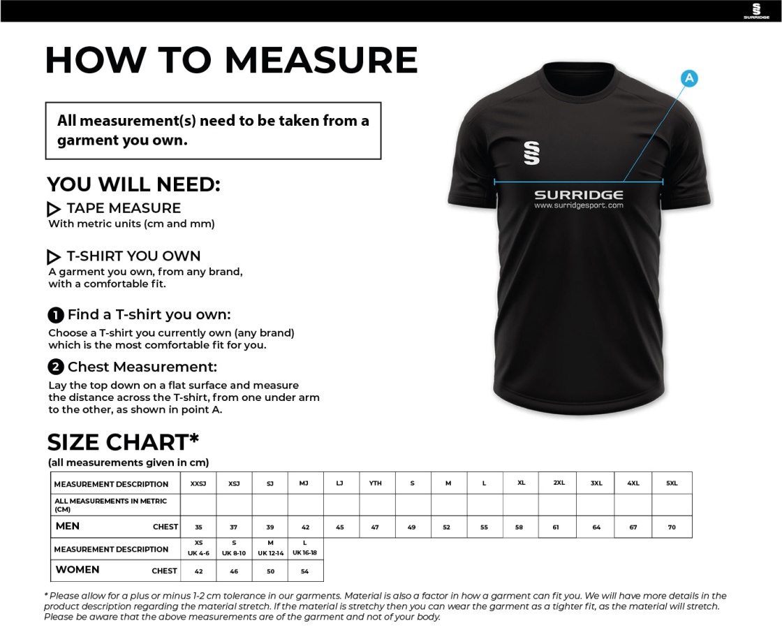 Salford University SU - Volleyball Shirt - Men's Fit - Size Guide