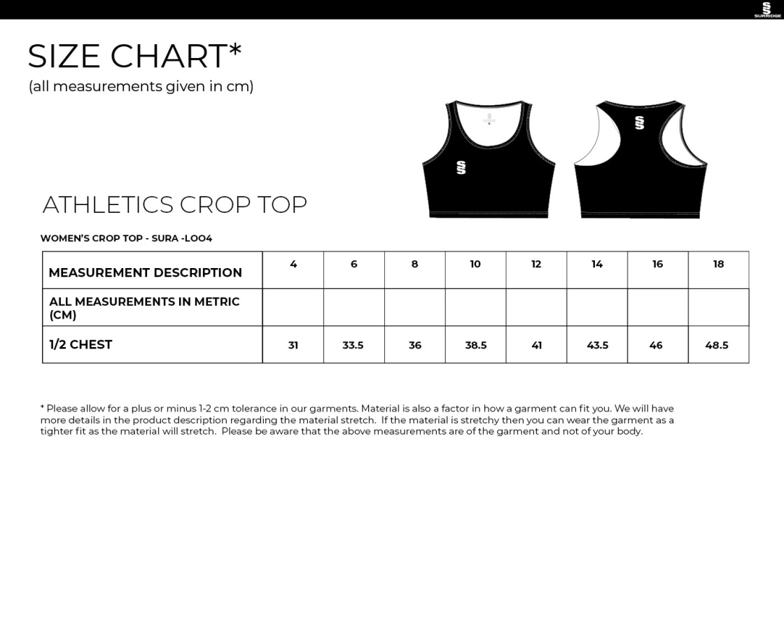 Salford University SU - Crop Top - Women's Fit - Size Guide