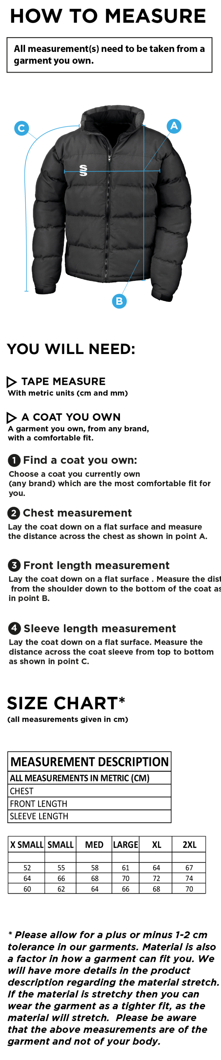 Salford University SU - Dual Puffa Jacket - Women's Fit - Size Guide